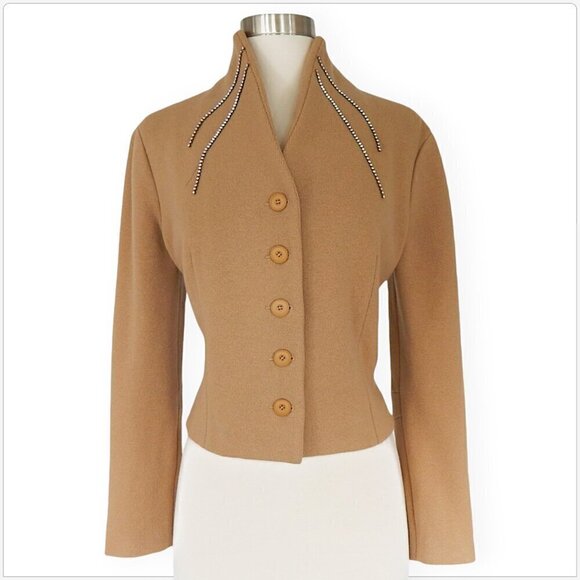 Alessandro Dell'Acqua Vintage Tan Cashmere Wool Silk Knit Rhinestone Jacket 44 - Picture 2 of 6